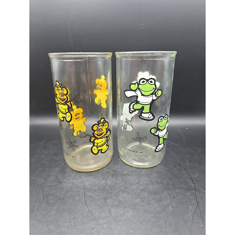 Set Two Muppet Babies Fozzie,Kermit 1989 Vtg Glass Collectible Jim Henson Jar